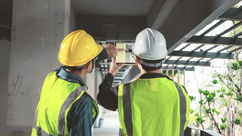 Two construction workers looking at a plan on a handheld device